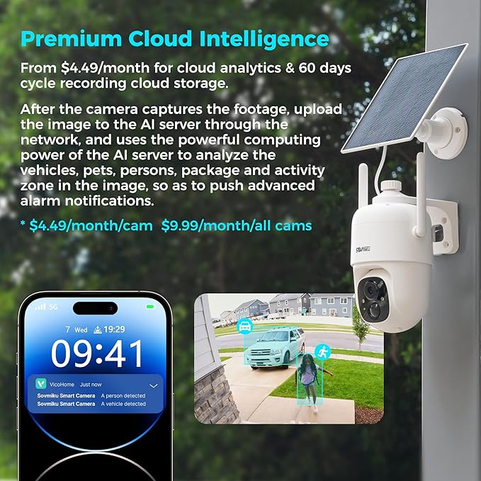 Vicohome CQ1 AI 2K Solar Security Camera Wireless Outdoor, Battery Powered,Two Way Audio,Motion Detection, 360° View,Easy to Setup,Color Night Vision,Audible Flashlight Siren,180 Days Exchange Policy