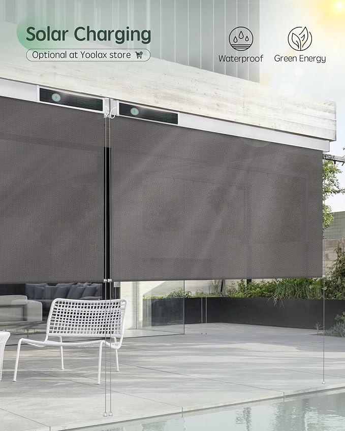 Yoolax Motorized Outdoor Shades Smart Retractable Patio Screens with App & Remote Control, Electric Blinds for Porch Patio Waterproof Roller Shades 8X8ft (5% Openness Alpine Rock)