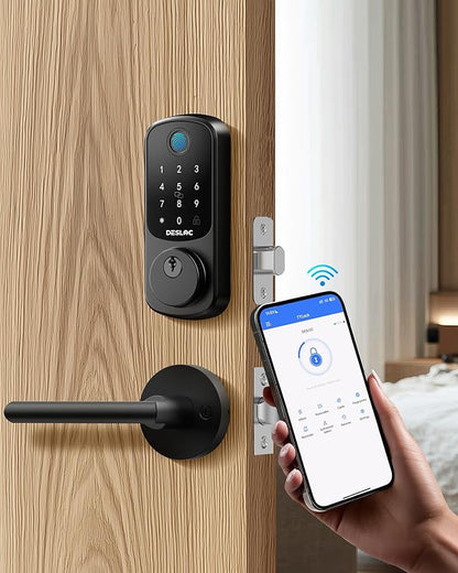 DESLOC B200 Fingerprint Smart Lock with 2 Lever Handles, Keyless Entry Front Door Lock Set, Electronic Keypad Deadbolt, App Control, Auto Lock, Long Battery Life,Matte Black