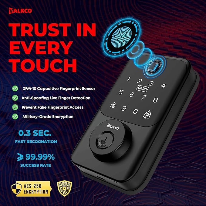 VALKCO Smart Deadbolt V600BF – Smart Door Lock for Front Door, Keyless Entry Door Lock with Fingerprint, Touch Keypad, RFID Card and Mobile App Control, Auto Lock, DIY Easy Install, IP65 Weatherproof.