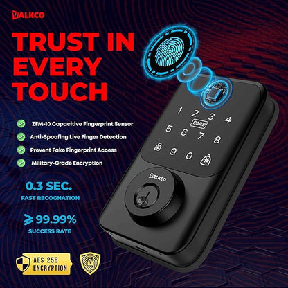 VALKCO Smart Deadbolt V600BF – Smart Door Lock for Front Door, Keyless Entry Door Lock with Fingerprint, Touch Keypad, RFID Card and Mobile App Control, Auto Lock, DIY Easy Install, IP65 Weatherproof.
