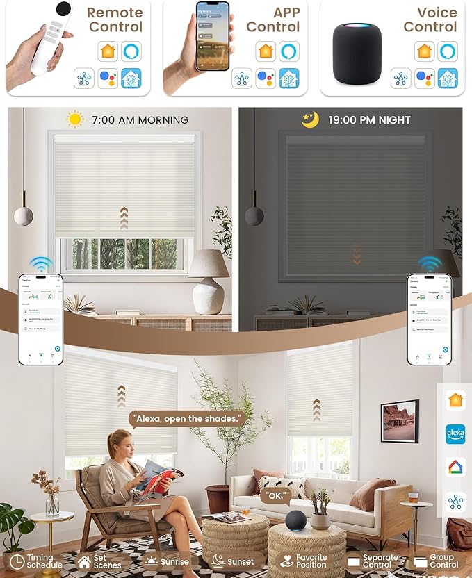 Kincmo Motorized Cellular Shades, Custom Motorized Blinds with Remote, Cordless Smart Electric Honeycomb Blinds Work with Apple HomeKit, Alexa, Google (85%-Blackout-Double-Cell Cream)