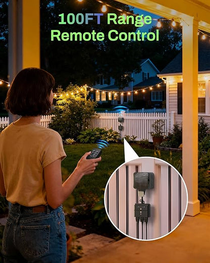 BN-LINK Outdoor Light Timer, Waterproof Plug-in Dusk-to-Dawn Controller with 3 Grounded Outlets for Christmas & Halloween String Lights, 15A 1/2HP, ETL Listed, 100 ft RF Range, Remote Included