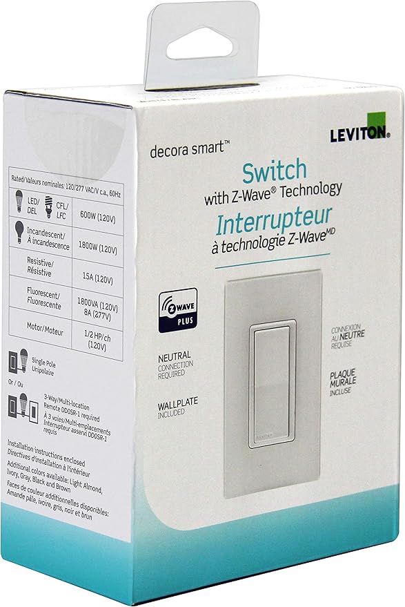 Leviton Decora Smart Switch with Z-Wave Technology, DZ15S-R52, White with Ivory and Light Almond Faceplates