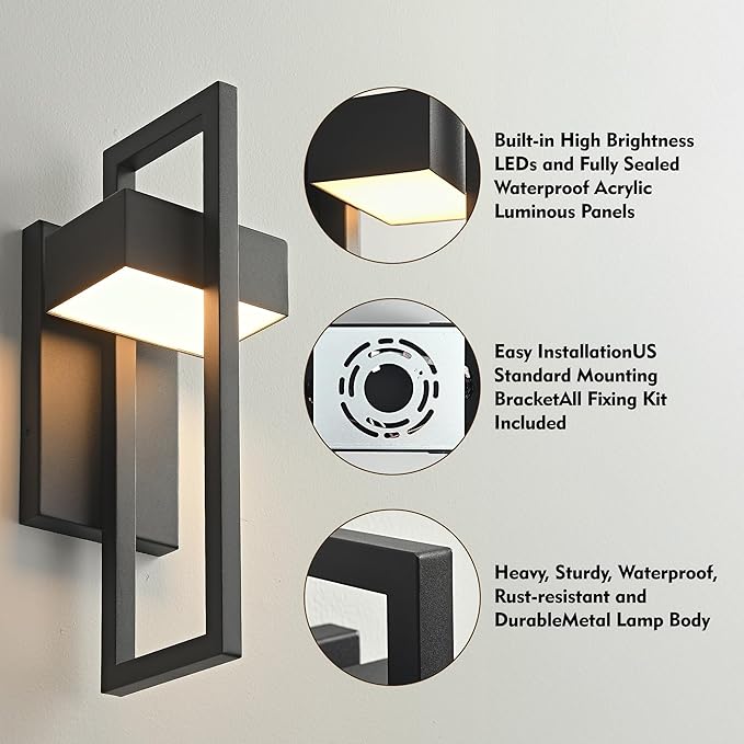 Modern Outdoor Wall Lights 3000K Integrated LED Outdoor Wall Sconces Lighting, Contemporary Exterior Lighting Fixtures Outside Wall Mount Lights for House Porch Front Door Garage, Matte Black 2 Pack