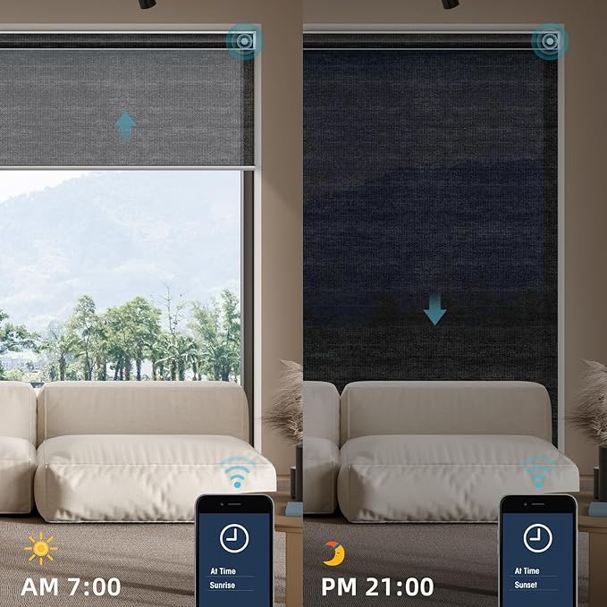 SmartWings Motorized Smart Blinds for Windows in Light Filtering, Electric Remote Roller Shades Compatible with Alexa/Google Home/Homekit, Custom Up to 110”W x 148”H, 5% Openness PVC Free Black