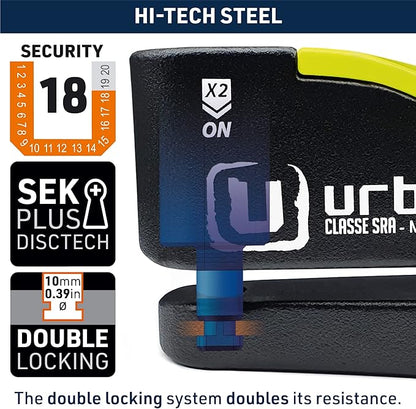 URBAN UR10 Approved Motorcycle Disc Lock with Smart Alarm | 120dB, LED, Warning, A+ Sensitivity, X2 ON | SRA & Sold Secure Gold Tested Anti-Theft for Motorbike | 10mm Double Locking, Hardened Steel