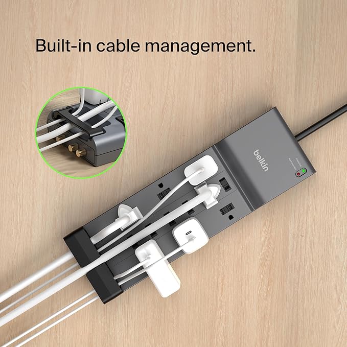 Belkin Power Strip Surge Protector - 12 AC Multiple Outlets & 8 ft Long Flat Plug Heavy Duty Extension Cord for Home, Office, Travel, Computer, Laptop & Phone Charging Brick (3,940 Joules), Pack of 3