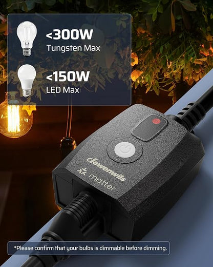 DEWENWILS Wi-Fi Matter Smart Dimmer Plug for String Lights, 2.4GHz Only | 100FT Range, Stepless Dimming, LED 150W/Tungsten 300W Bulbs Compatible, Works with Alexa, Google Home, SmartThings