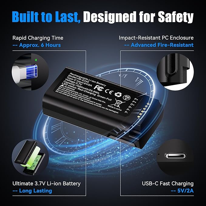Fulpower 1-Pack 7000mAh High Capacity Rechargeable Battery Compatible with eufy Security Video Doorbell E340, Quick-Release Design, with USB-C Charging Cable