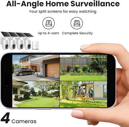 SOLIOM- 5MP Security Cameras Wireless Outdoor, No Subscription & Solar Powered,4-Cam Pack Cameras for Home Security with 360° Auto Motion Tracking, 3K Color Night Vision,5G & 2.4G Router Compatible