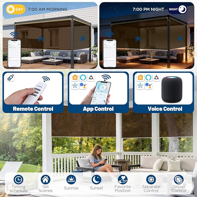 Motorized Outdoor Solar Shades, Custom Patio & Porch Blinds with Remote, Smart Exterior Shades Compatible with Apple HomeKit, Alexa & Google Home (5% Openness Coffee)
