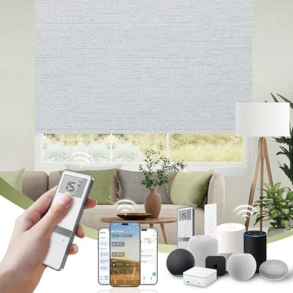 FineTell Motorized Blinds with Remote, 100% Blackout Roller Shades Compatible with Alexa,Apple Homekit,Google Home APP and Voice Control, Customized Electric Blinds (100% Blackout Elegant Light Grey)