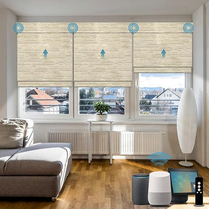 Motorized Roman Shades, Woven Woods Shades, Work with HomeKit/Alexa/Google Home, Cordless, Custom Size, Crocheting Kenaf