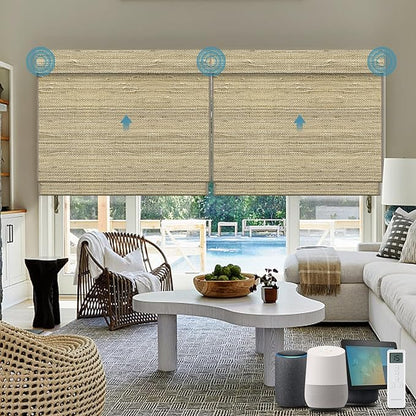 Motorized Roman Shades with Remote,Wooden Blinds Compatible with Alexa/Google/Apple Homekit,Natural Woven Wood Blinds,Customized Size,Crocheting Pale Yellow