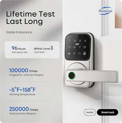 Smart Door Lock with Handle, Heittis Fingerprint Smart Lock with Touchscreen Keypad - Keyless Biometric Deadbolt Door Knob for Front Door, Bedroom, Interior or Exterior Use (Nickel, App Control)