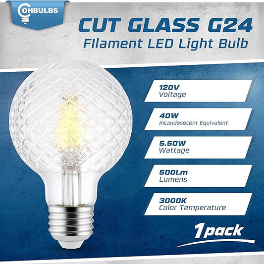 Decorative Light Bulb (1-Pack) 5.5 Watt G25 LED Filament Bulb E26 Medium Base (40W Equivalent) 3000K Warm White, 500 Lumens, Dimmable, Cut Glass Clear Decorative Light Bulbs