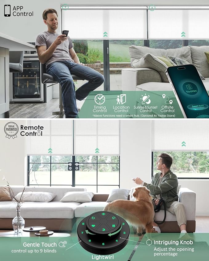 Yoolax Motorized Blinds with Remote, Light Filtering Smart Roller Shades Work with Alexa, Google, Apple Homekit, Custom Automatic Shades with Voice Control for Living Room (Pure White)