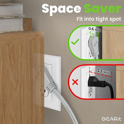 GEARit 10 ft 360° Rotating Flat Plug Extension Cord, 3 Outlet Low Profile Power Cord, 16 AWG 13A 3 Prong Grounded Indoor Cord, ETL Listed, Space-Saving for Furniture, Grey