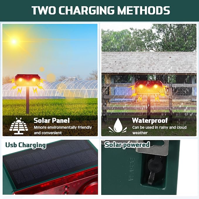 Qualirey 6 Pcs Solar Outdoor Motion Sensor Alarm with Stake Animal Deterrent Dog Barking Sensor 13 Sound 130dB Loud Noise Maker 4 Mode with USB Remote Control Support Recording Volume Adjustment