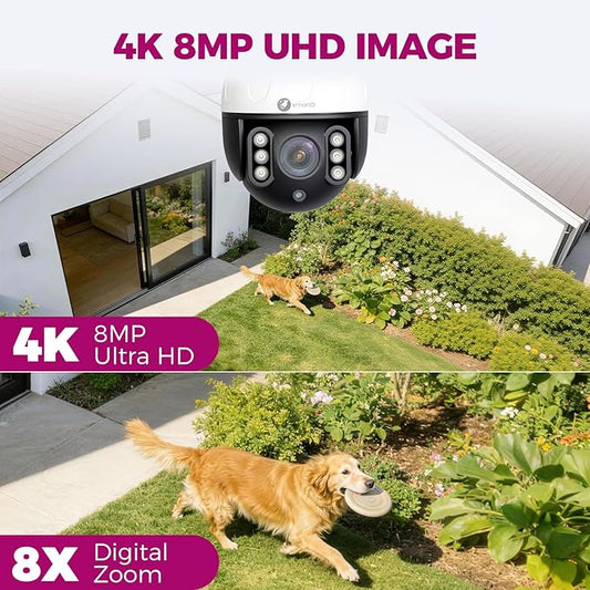 xmartO High-end 4K Wireless WiFi 6 PTZ Security Camera for Home & Business, 24/7 AI Tracking Surveillance, IR Night Vision & Flood Lights, 2-Way Audio Vandal-Proof Metal Dome CAM, View on Apps & NVR