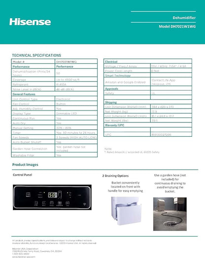 Hisense ConnectLife Smart Control 50 Pint 3-Speeds Dehumidifier, 3 Fan Speeds (High, Low, Auto), WiFi Enabled, Low Noise Airflow System 46 dB, 115v, Up to 4500 sq.ft, DH7021W1WG (Renewed)