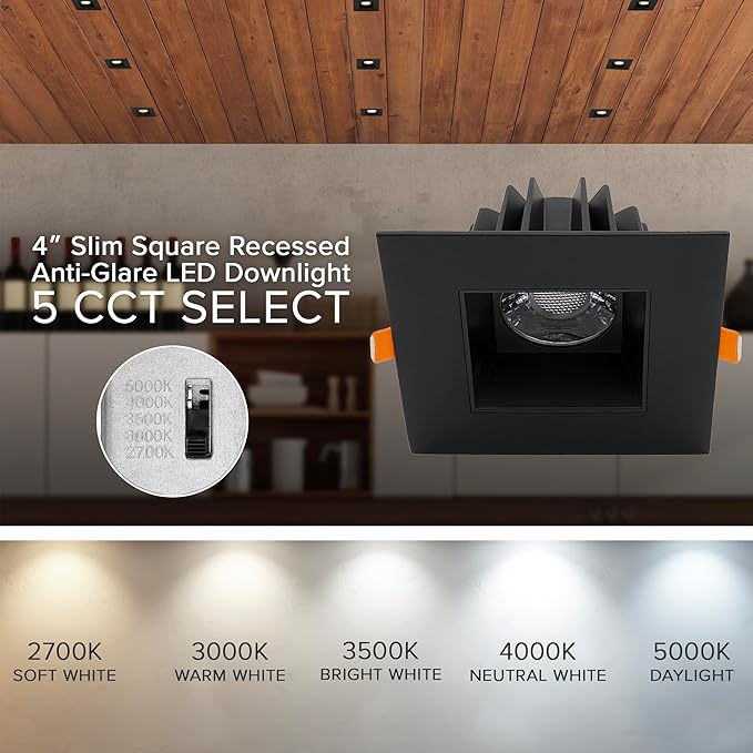 Maxxima 4 in. Ultra-Thin Recessed Anti-Glare LED Downlight, Canless IC Rated, 5 Color Temperature Selectable 2700K/3000K/3500K/4000K/5000K, Dimmable Square Black Trim, 90 CRI