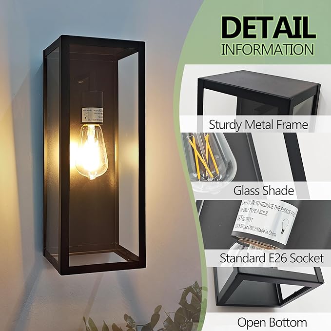 Outdoor Wall Sconce 2 Pack, 15" Outdoor Wall Lights Wall Mount, Matte Black Exterior Lighting Fixtures Anti-Rust Porch Lights with Clear Glass for Front Door, Garage, Entryway