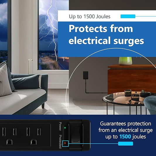 LIDER Surge Protected Outlet Extender, 4-Outlet Power Strip, 1 USB Type-A, and 1 USB Type-C Port, Surge Protect Up to 1500J, Ultra-Thin Wall Plate Plug with Cord Extender, 5ft Cord, ETL-Listed, Black