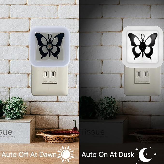 Smart LED Night Light [2-Pack], Plug-in with Auto Dusk to Dawn Sensor | Dimmable, Energy Efficient, Compact Wall Lights for Bedroom, Bathroom, Hallway, Kitchen (Butterfly White Light, 2)