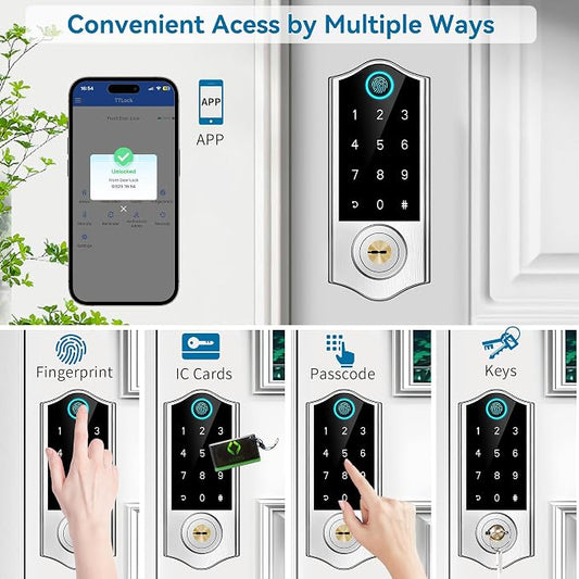 Fingerprint Smart Door Locks for Front Door with Handle Set, App Control, Keyless Entry Door Lock Keypad Deadbolt, Bluetooth Digital Electronic Touchscreen, Easy Install, Auto Lock, Satin Nickel