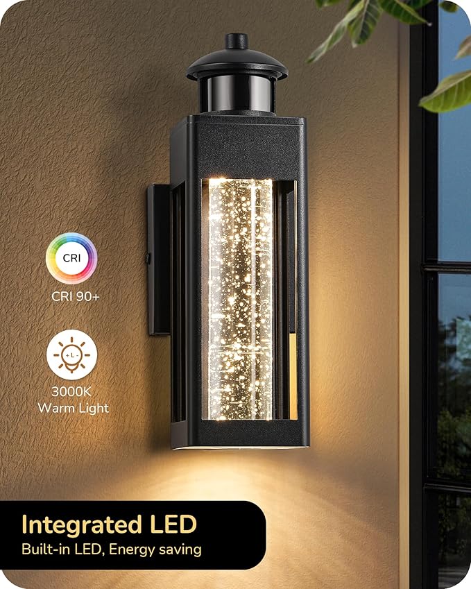 EDISHINE 2 Pack Modern Exterior Lighting Fixtures, LED Outdoor Light Fixtures Wall Mount, with Motion & Photocell Sensor, Crystal Bubble Glass, 3000K, Front Porch Light for House, Garage