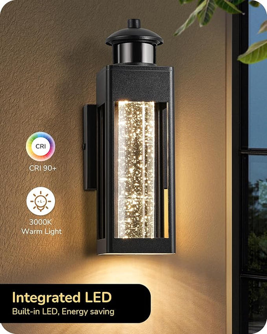 EDISHINE 2 Pack Modern Exterior Lighting Fixtures, LED Outdoor Light Fixtures Wall Mount, with Motion & Photocell Sensor, Crystal Bubble Glass, 3000K, Front Porch Light for House, Garage