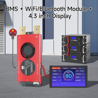 DALY BMS 12V 4S 250A Display - Smart BMS with 4.3 Inch LCD Touch Screen WiFi Bluetooth Module Supports RS485 CAN for 12V LiFePO4 RV Campers Boating Overlanding Home Energy