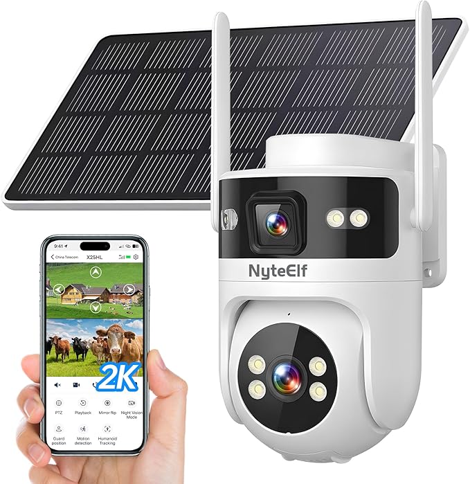6MP Dual Lens,4G LTE Cellular Solar Security Cameras Wireless Outdoor for Home Security, No WiFi Needed, 24/7 AOV Recording, 355° PTZ, AI Human Detection,Siren, IP66, TF/Cloud Storage (White, 2 Lens)