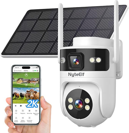 6MP Dual Lens,4G LTE Cellular Solar Security Cameras Wireless Outdoor for Home Security, No WiFi Needed, 24/7 AOV Recording, 355° PTZ, AI Human Detection,Siren, IP66, TF/Cloud Storage (White, 2 Lens)