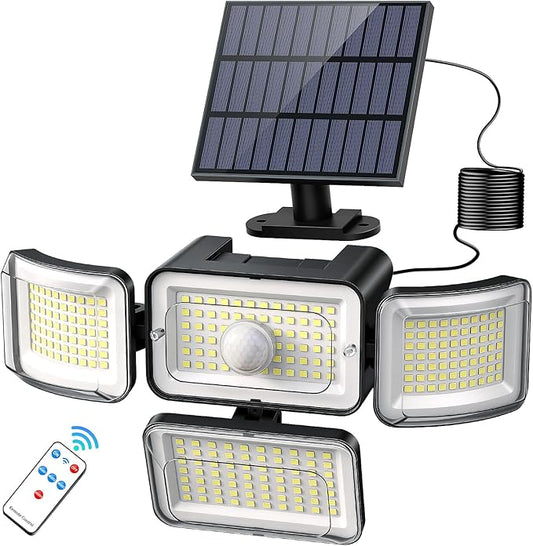 CLAONER Solar Outdoor Lights Motion Sensor 3500LM 288 LED Security Light with Remote Control IP67 Waterproof 4 Heads Flood Lights with 16.4ft Cable 4 Modes (1 Pack)