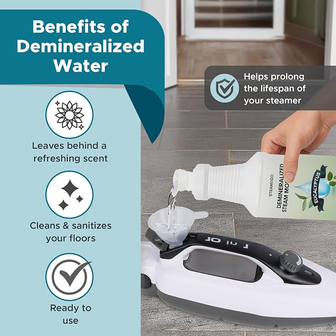 Steam & Go Demineralized Water for Steam Mop – Eucalyptus Mint Scent, 32 oz (Pack of 18) | Scented Floor Cleaner Solution, Ready-to-Use, Compatible with Any Steam Cleaner