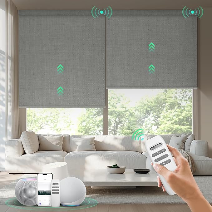 HeyBlinds Motorized Blinds with Remote, 100% Blackout Smart Blinds, Automatic Shades for Windows Compatible with Alexa Google and Homekit, Custom Size(Manner-Cement Grey BO)