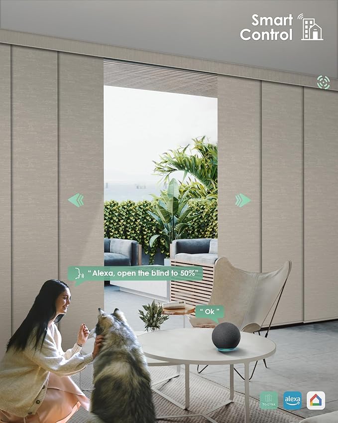 Yoolax Custom XL Smart Vertical Blinds, Motorized Sliding Door Blinds Compatible with Alexa, Fabric Blackout Rechargeable Battery Sliding Panel for Indoor Windows, Patio Doors(Jacquard Coffee)