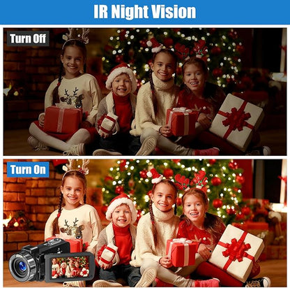 4K Camcorder Video Camera, 80MP HD Vlogging Camera for YouTube with IR Night Vision, 18X Digital Zoom, 3.0" IPS Screen, SD Card, 2 Batteries