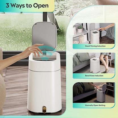 WLIVE 3.2 Gallon / 12 Liter Automatic Bathroom Trash Can, Motion Sensor Bathroom Trash Can with Bag Fixing Ring, Quiet Small Waste Basket for Kitchen, Office, Bedroom, Living Room, White