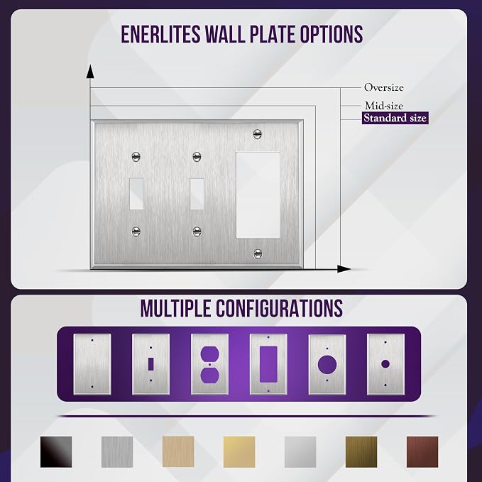 ENERLITES Combination Toggle Light Decorator Switch Metal Wall Plate, Corrosive Resistant, Size 3-Gang 4.50" x 6.38", 430 Gauge Alloy, 771231, Stainless Steel, Silver | Combination two toggle & one decorator, Rust-proof stainless, Standard 3-gang, 3-ye...