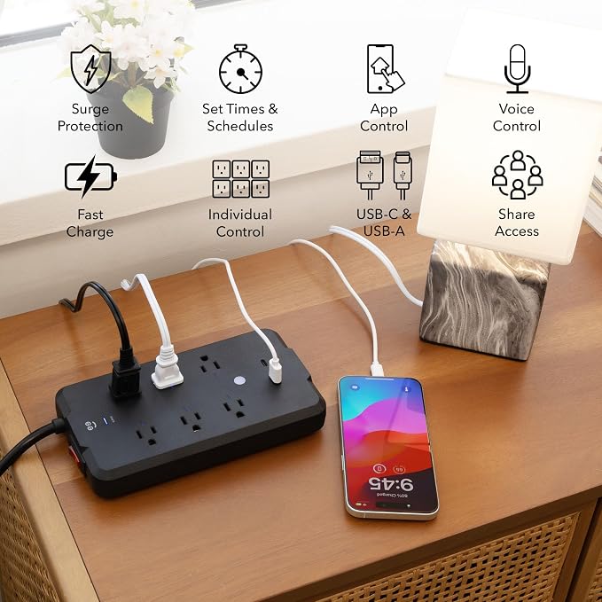 Geeni Smart Plug Power Strip, 6 Outlets & 2 USB Ports, Surge, 6 ft., Black | 6 smart outlets, 2 always-on outlets, Wi-Fi & voice control, 1200 joules protection