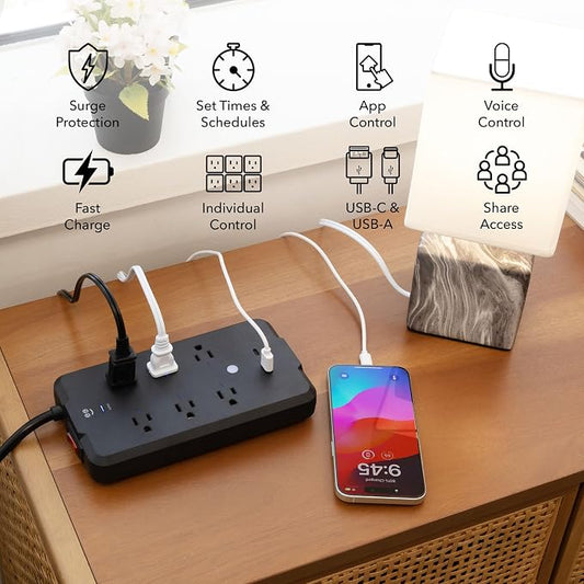 Geeni Smart Plug Power Strip, 6 Outlets & 2 USB Ports, Surge, 6 ft., Black | 6 smart outlets, 2 always-on outlets, Wi-Fi & voice control, 1200 joules protection