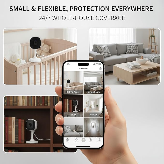 AMOROM Indoor Security Wired Cameras, Home Security Cameras, 2.4GHz WiFi Cameras, Motion Detection, Two-Way Audio, Night Vision, Phone App Control, Works with Alexa & Google Home, 4 Packs