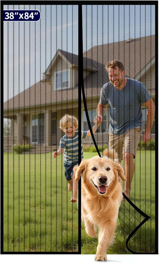 Kitsure Magnetic Screen Door - 38.0 x 84.0 in Retractable Screen Door Mesh for Front Door or Sliding Door, Pet & Kid Friendly, Hands-Free Closure Keeps Bugs Out & Lets Breeze in, Stripe Black