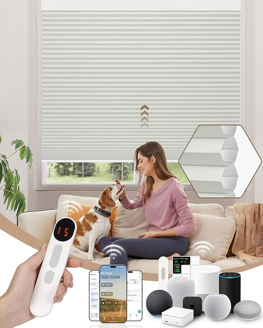 Kincmo Motorized Cellular Shades, Custom Motorized Blinds with Remote, Cordless Smart Electric Honeycomb Blinds Work with Apple HomeKit, Alexa, Google (100%-Blackout-Single-Cell Cream)