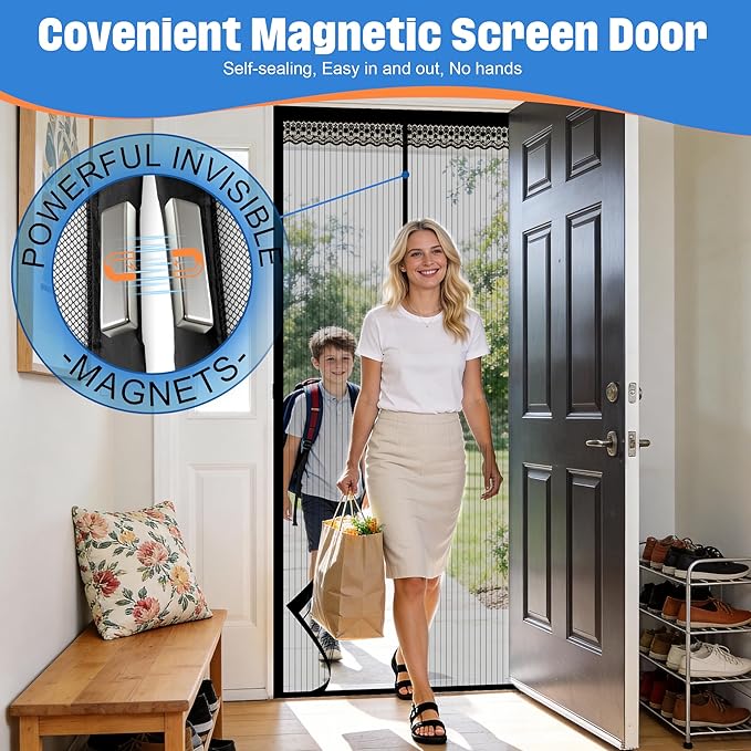 METAONLY Magnetic Screen Door Mesh Fits 30" x 80" Door - Curtain Size 32" x 82", Works for Patio, Sliding Door, Keeps Bug Mosquito Out, Fresh Air Flow, Black with Lace