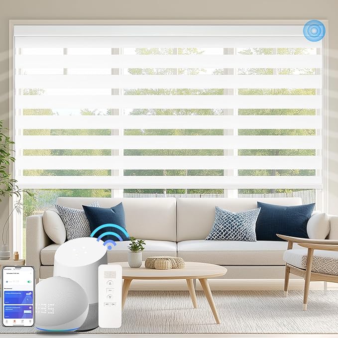 Motorized Zebra Blinds for Windows Cordless Electric Curtains with Remote Control Blackout Shades Custom Smart Blinds Compatible with Alexa Google Home(Blackout White,W23 X 72in)